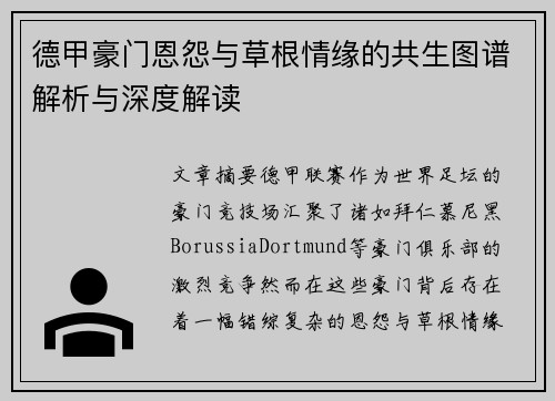 德甲豪门恩怨与草根情缘的共生图谱解析与深度解读
