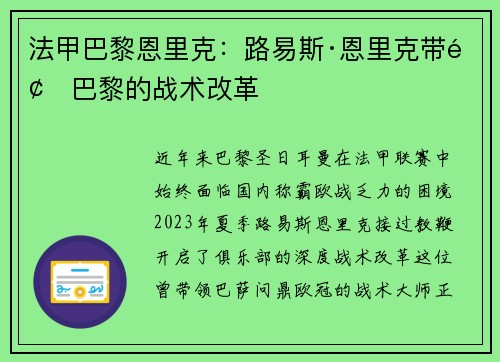 法甲巴黎恩里克：路易斯·恩里克带领巴黎的战术改革