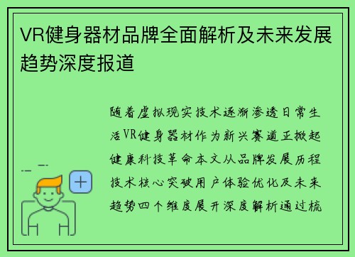 VR健身器材品牌全面解析及未来发展趋势深度报道