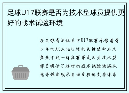 足球U17联赛是否为技术型球员提供更好的战术试验环境